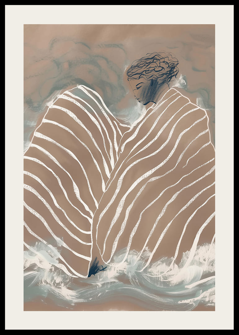 Una figura onírica envuelta en líneas suaves y onduladas sobre un fondo tranquilo y nublado.-12