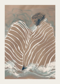 Una figura onírica envuelta en líneas suaves y onduladas sobre un fondo tranquilo y nublado.-3