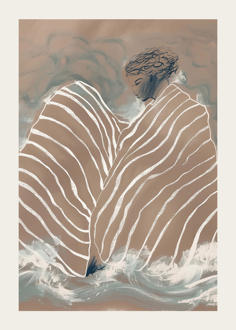 Una figura onírica envuelta en líneas suaves y onduladas sobre un fondo tranquilo y nublado.-12