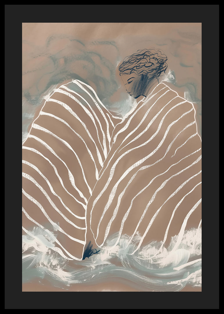 A dreamlike figure wrapped in soft, undulating lines against a calm, cloudy background-12