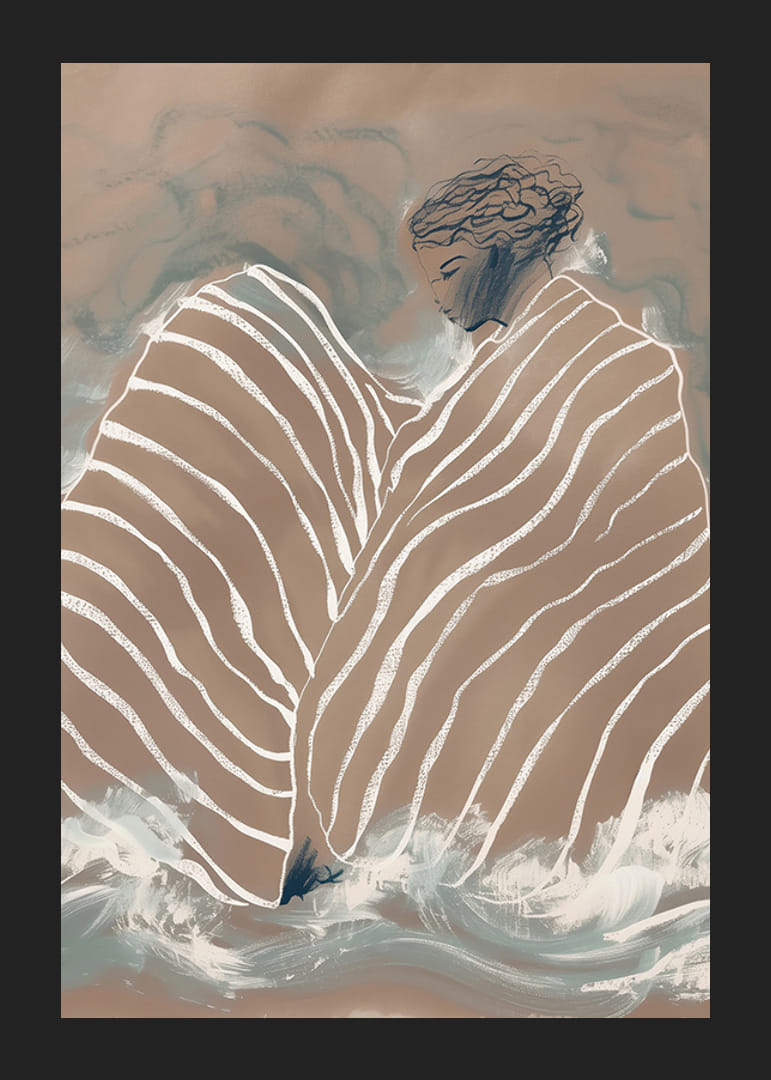 Una figura onírica envuelta en líneas suaves y onduladas sobre un fondo tranquilo y nublado.-12