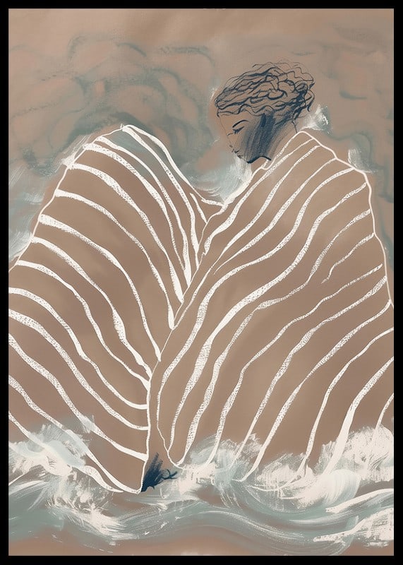 A dreamlike figure wrapped in soft, undulating lines against a calm, cloudy background-12