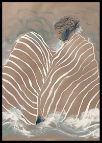 En drömlik figur svept i mjuka, böljande linjer mot en lugn, molnig bakgrund-6