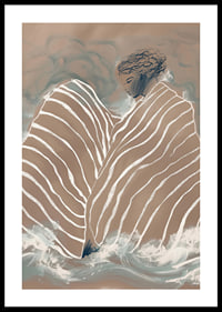 A dreamlike figure wrapped in soft, undulating lines against a calm, cloudy background-0