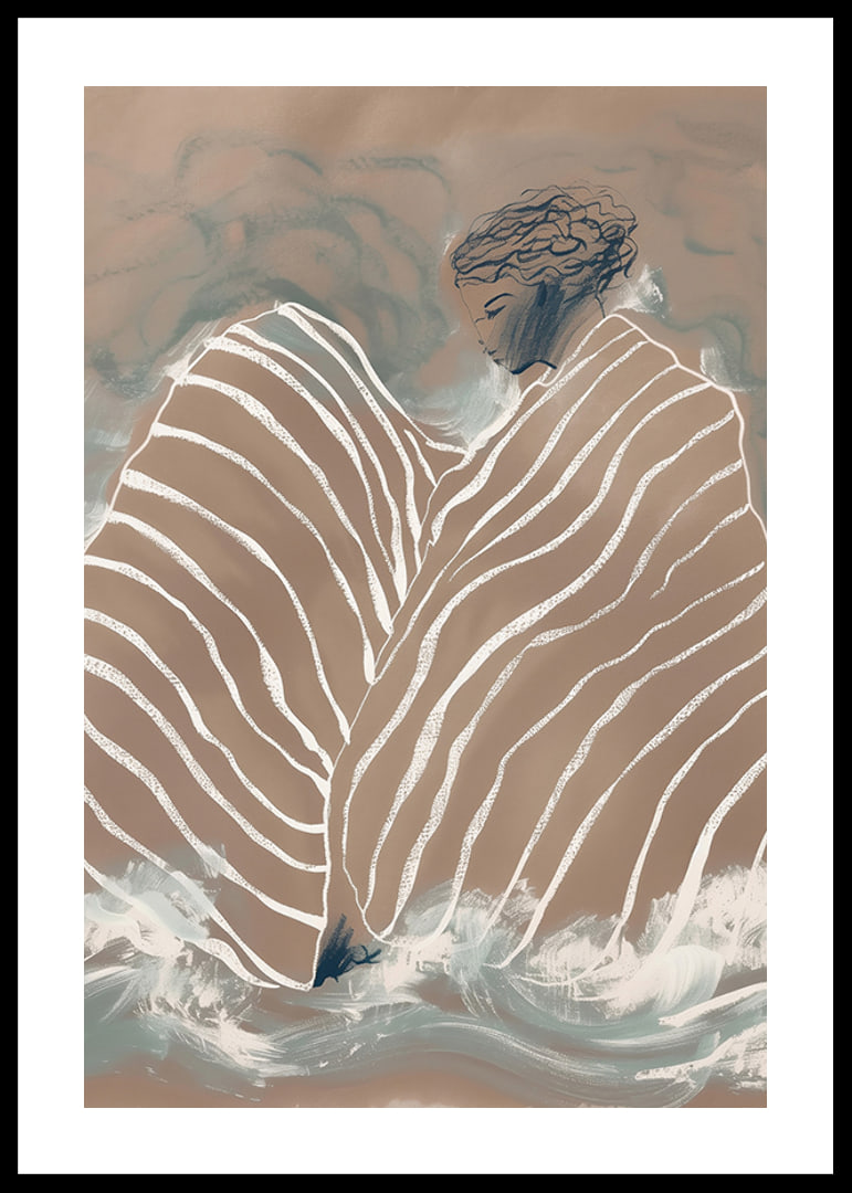 A dreamlike figure wrapped in soft, undulating lines against a calm, cloudy background-12