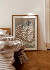 A dreamlike figure wrapped in soft, undulating lines against a calm, cloudy background-8