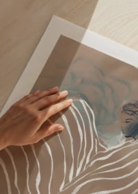 A dreamlike figure wrapped in soft, undulating lines against a calm, cloudy background-9