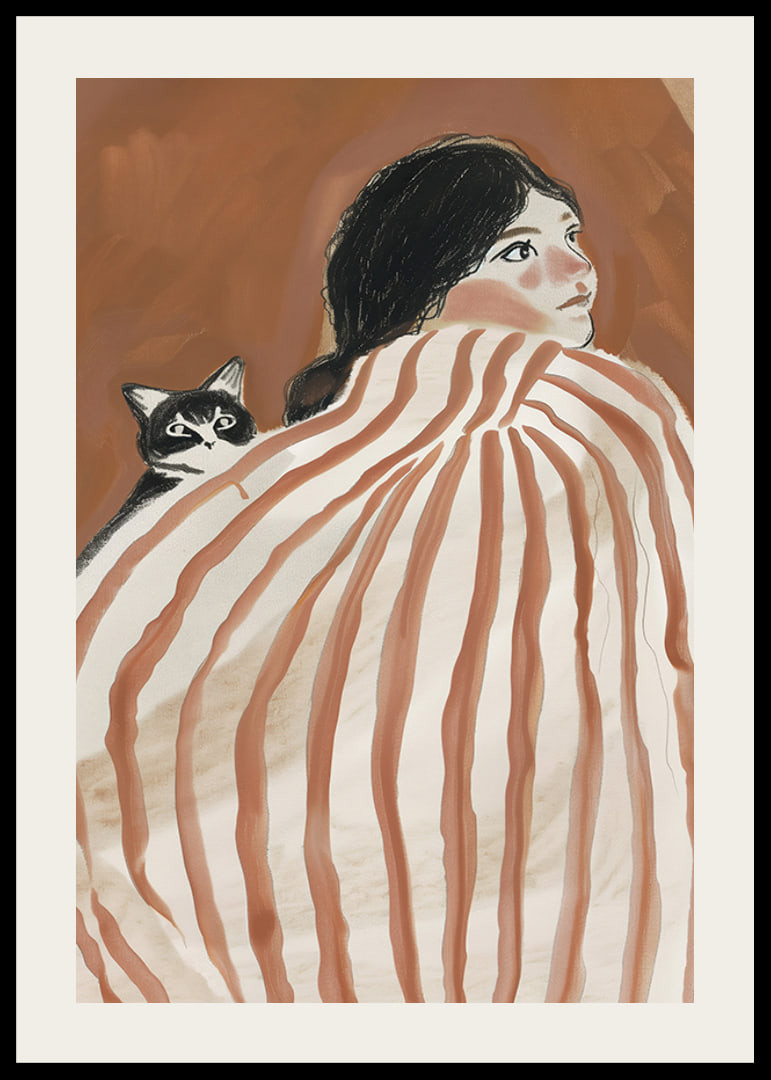 A dreamy scene of tranquility and friendship under a striped blanket-12