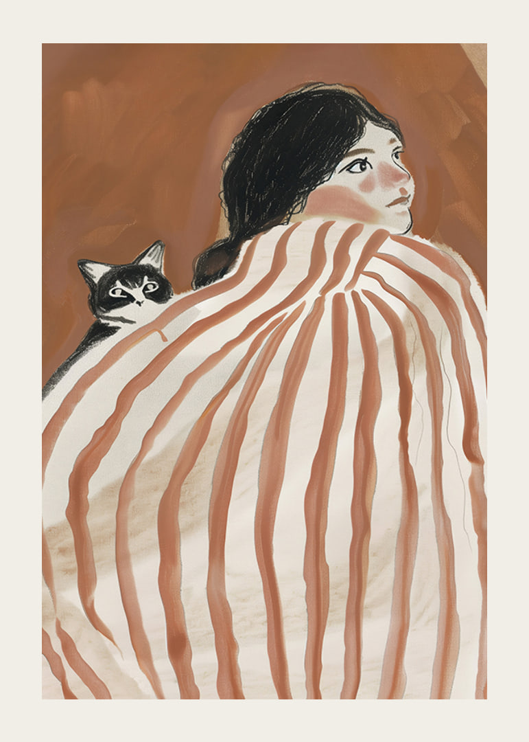 A dreamy scene of tranquility and friendship under a striped blanket-12