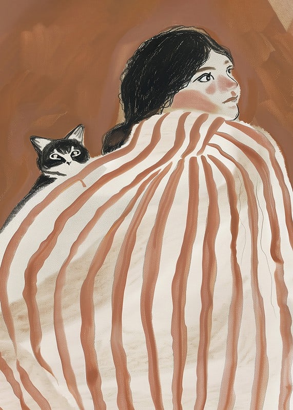 A dreamy scene of tranquility and friendship under a striped blanket-12