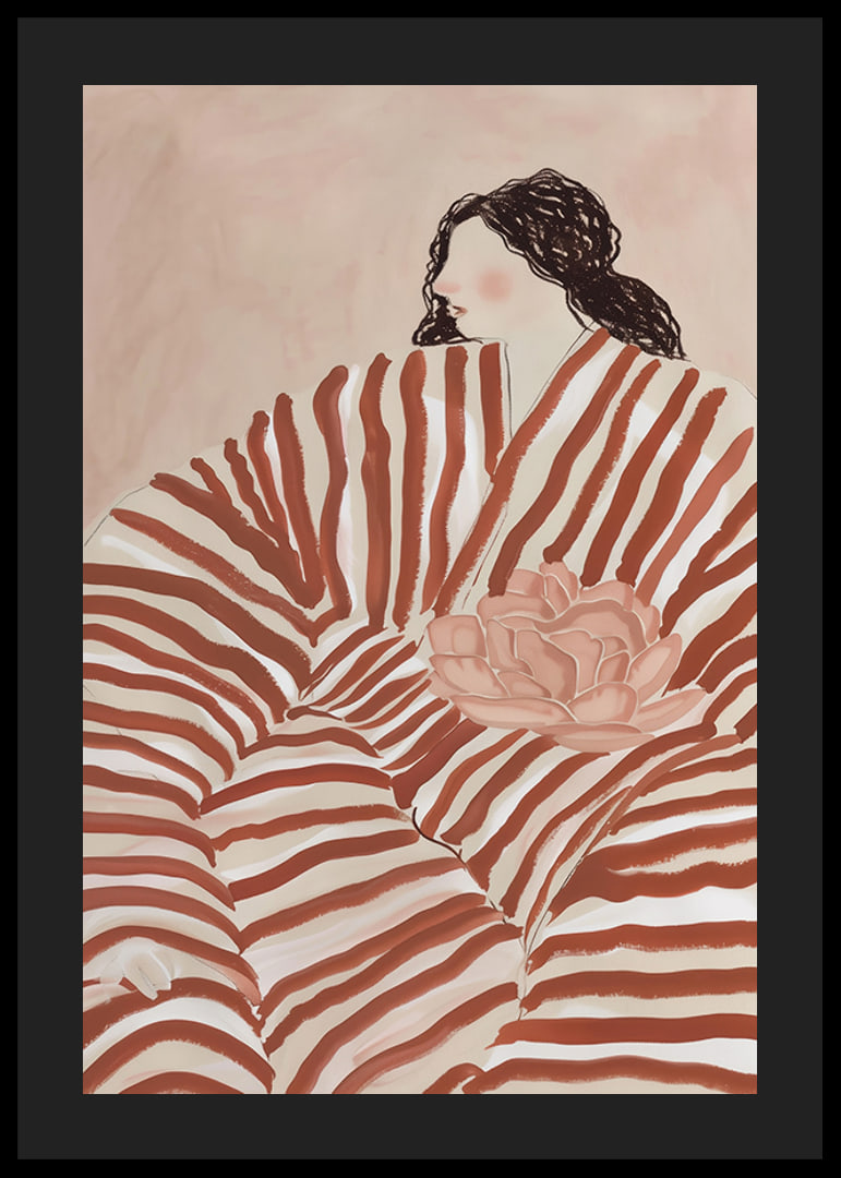 A stylish illustration of a woman nestled in stripes, with calm earth tones-12