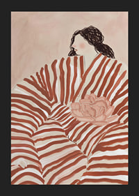A stylish illustration of a woman nestled in stripes, with calm earth tones-5