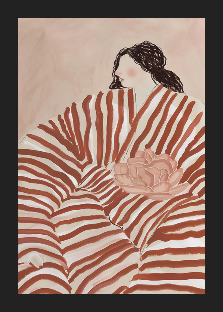 A stylish illustration of a woman nestled in stripes, with calm earth tones-12