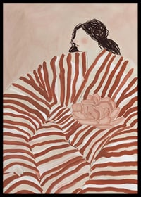 A stylish illustration of a woman nestled in stripes, with calm earth tones-6