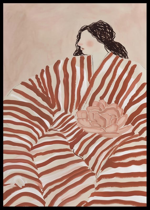A stylish illustration of a woman nestled in stripes, with calm earth tones-12