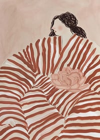 A stylish illustration of a woman nestled in stripes, with calm earth tones-7