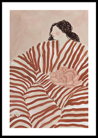 A stylish illustration of a woman nestled in stripes, with calm earth tones-0