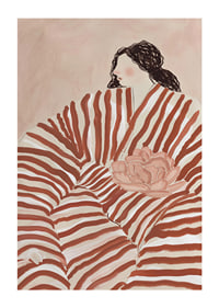 A stylish illustration of a woman nestled in stripes, with calm earth tones-1