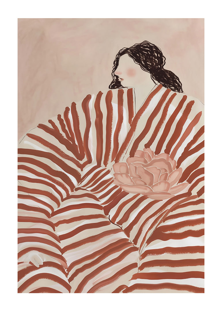 A stylish illustration of a woman nestled in stripes, with calm earth tones-12