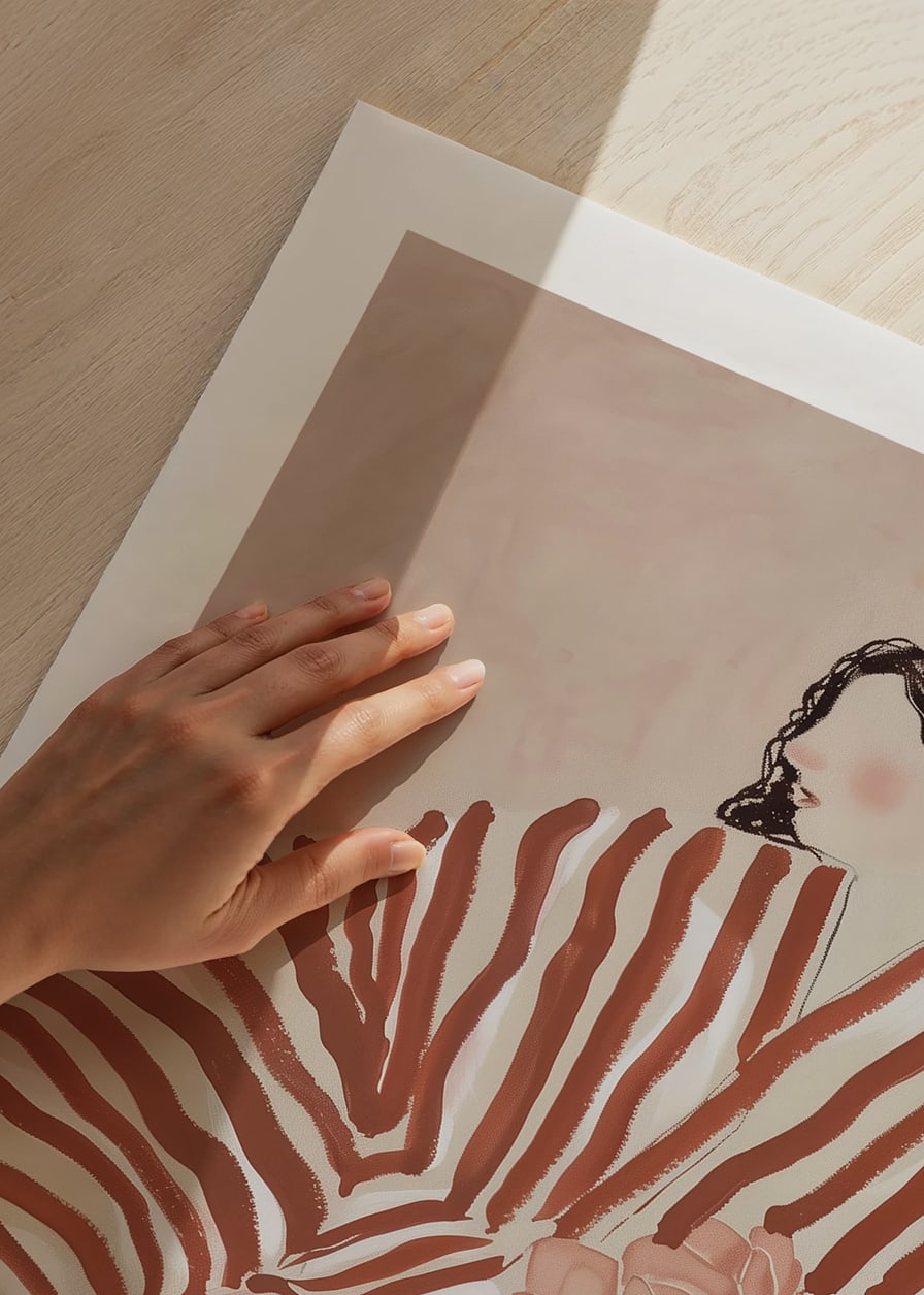 A stylish illustration of a woman nestled in stripes, with calm earth tones-12