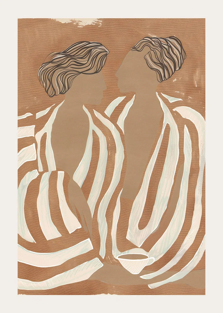 Two silhouettes in soft tones meet in a harmonious dance of lines and shapes.-12