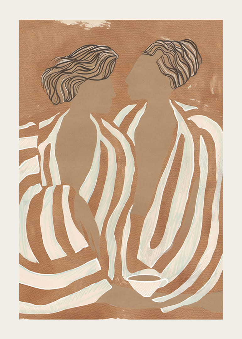 Kaksi pehmeän sävyistä siluettia kohtaavat harmonisessa linjojen ja muotojen tanssissa.-12