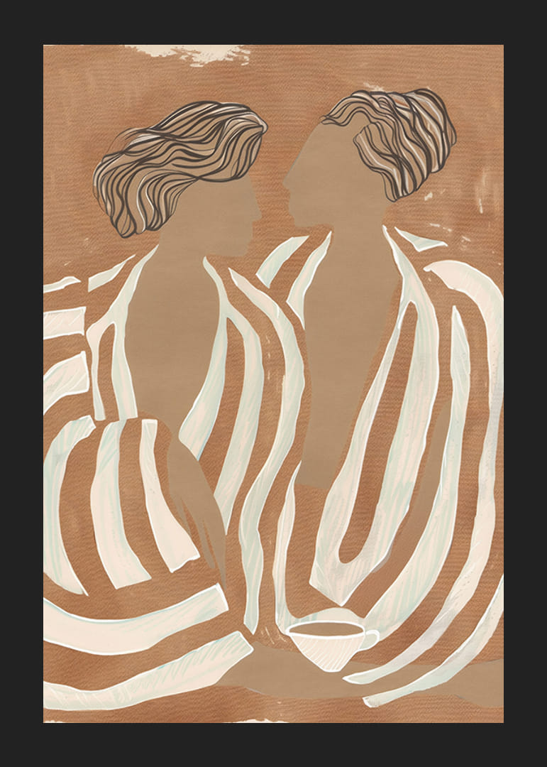 Kaksi pehmeän sävyistä siluettia kohtaavat harmonisessa linjojen ja muotojen tanssissa.-12