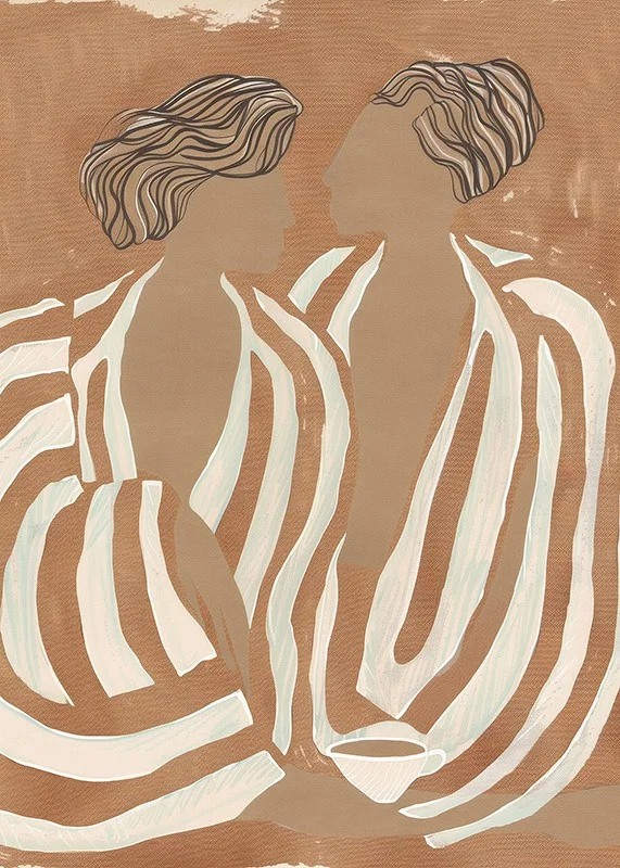 Two silhouettes in soft tones meet in a harmonious dance of lines and shapes.-12