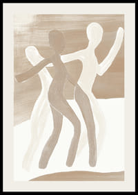 Drei stilisierte Figuren tanzen in harmonischen Erdtönen, voller Bewegung und Leben.-2