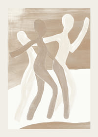 Drei stilisierte Figuren tanzen in harmonischen Erdtönen, voller Bewegung und Leben.-3