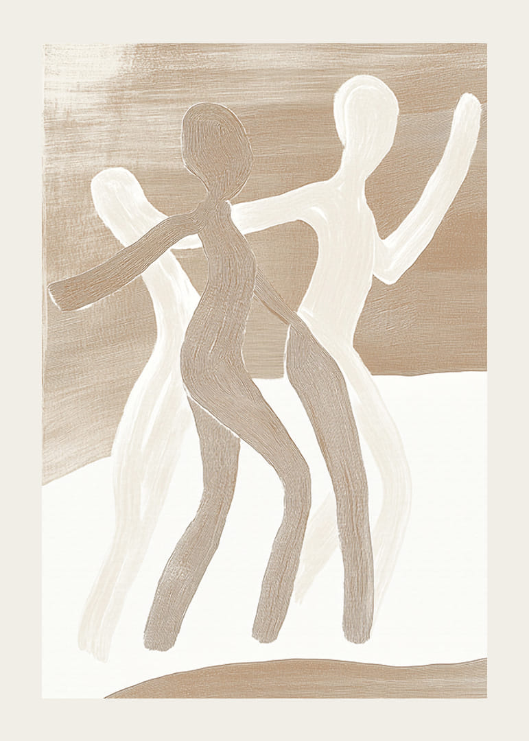 Drei stilisierte Figuren tanzen in harmonischen Erdtönen, voller Bewegung und Leben.-12