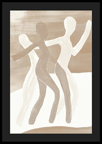 Tre stiliserade figurer dansar i harmoniska jordtoner, fulla av rörelse och liv-4