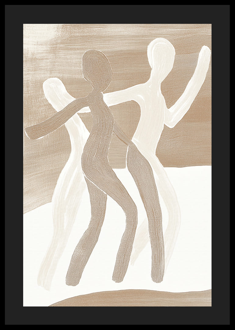 Drei stilisierte Figuren tanzen in harmonischen Erdtönen, voller Bewegung und Leben.-12