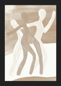 Drei stilisierte Figuren tanzen in harmonischen Erdtönen, voller Bewegung und Leben.-5