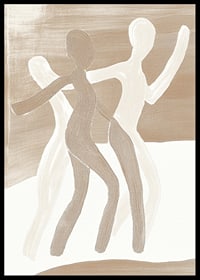 Tre stiliserade figurer dansar i harmoniska jordtoner, fulla av rörelse och liv-6