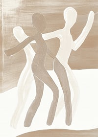 Tre stiliserade figurer dansar i harmoniska jordtoner, fulla av rörelse och liv-7