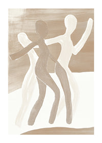 Tre stiliserade figurer dansar i harmoniska jordtoner, fulla av rörelse och liv-1