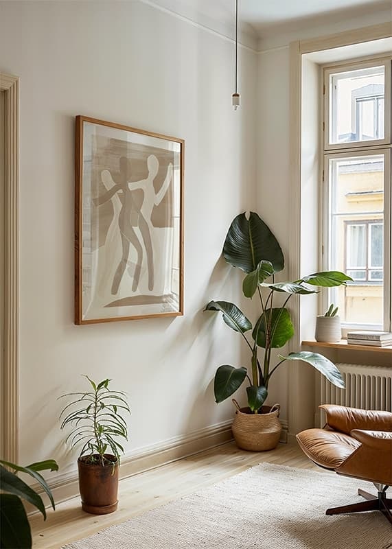 Tre stiliserade figurer dansar i harmoniska jordtoner, fulla av rörelse och liv-12