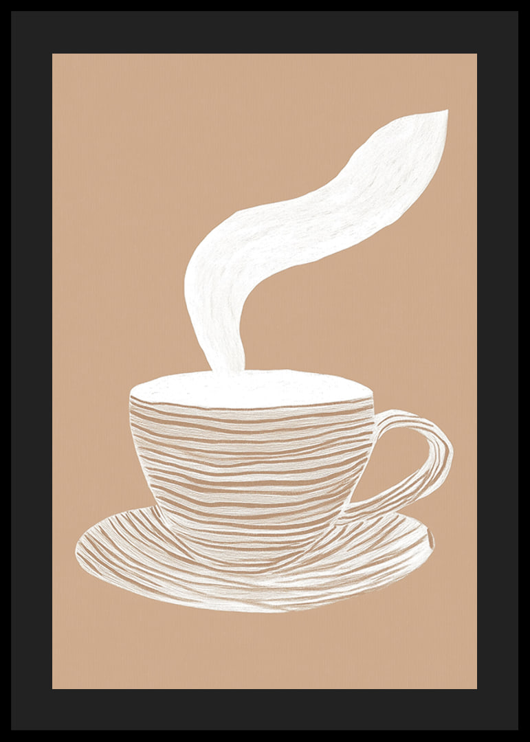 Un poster elegante con una tazza di caffè fumante su uno sfondo beige rilassante-12
