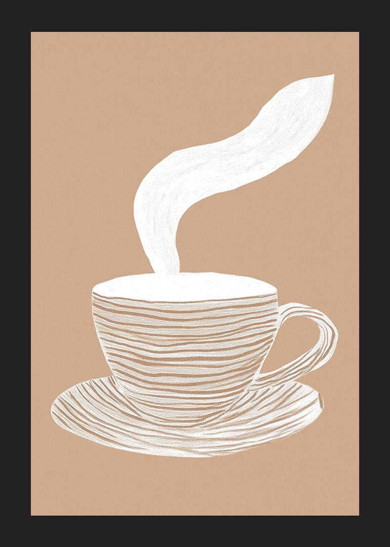 Un poster elegante con una tazza di caffè fumante su uno sfondo beige rilassante-12
