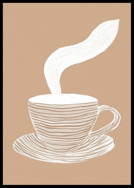 Un poster elegante con una tazza di caffè fumante su uno sfondo beige rilassante-12