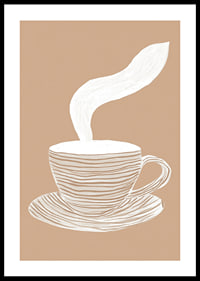 Un poster elegante con una tazza di caffè fumante su uno sfondo beige rilassante-0