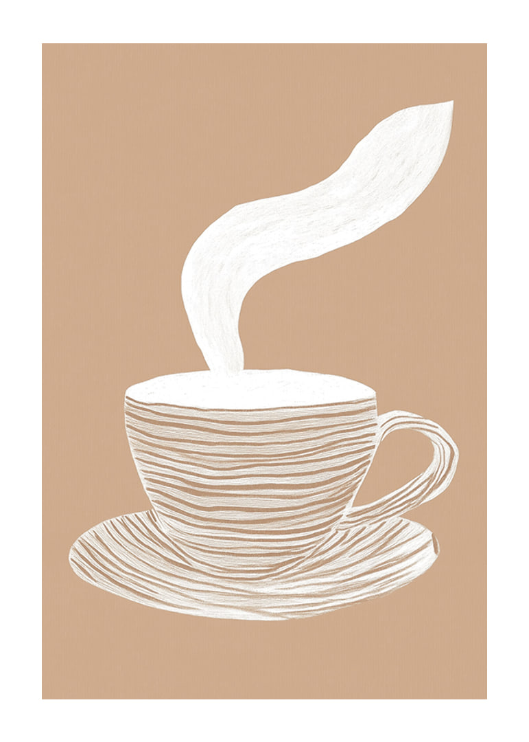 Un poster elegante con una tazza di caffè fumante su uno sfondo beige rilassante-12