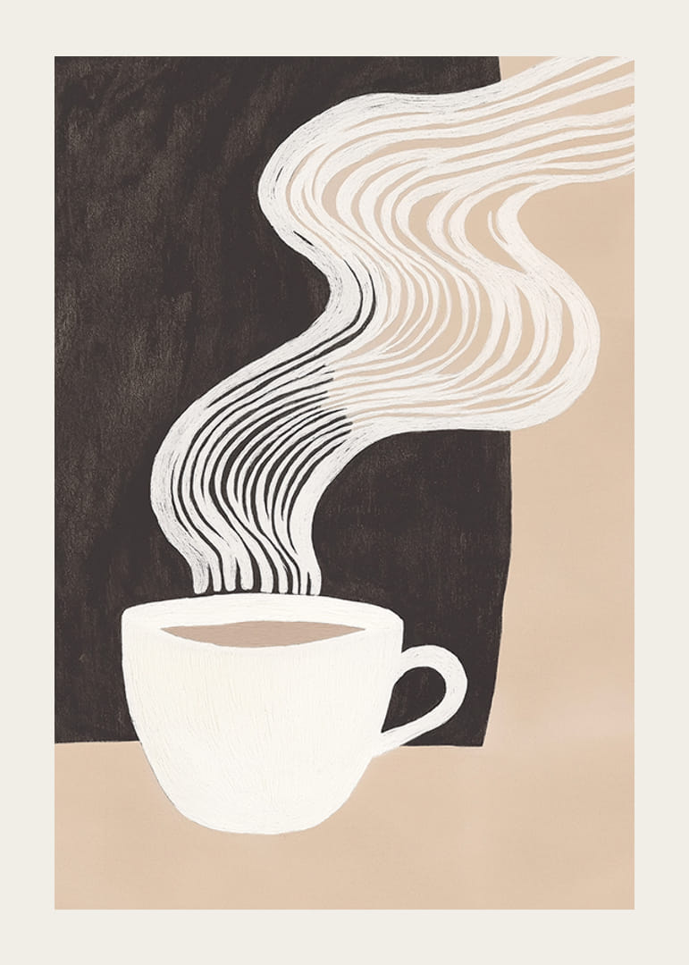 En stiliserad kaffekopp med ånga skapar en känsla av värme och lugn-12