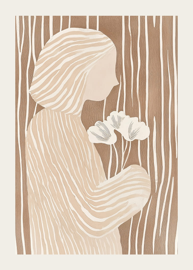 Abstraktná elegancia s jemnými líniami a kvetmi na zemitom pozadí-12