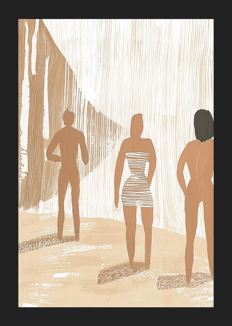 Three figures in harmonious earth tones create a calm and dreamy atmosphere-12