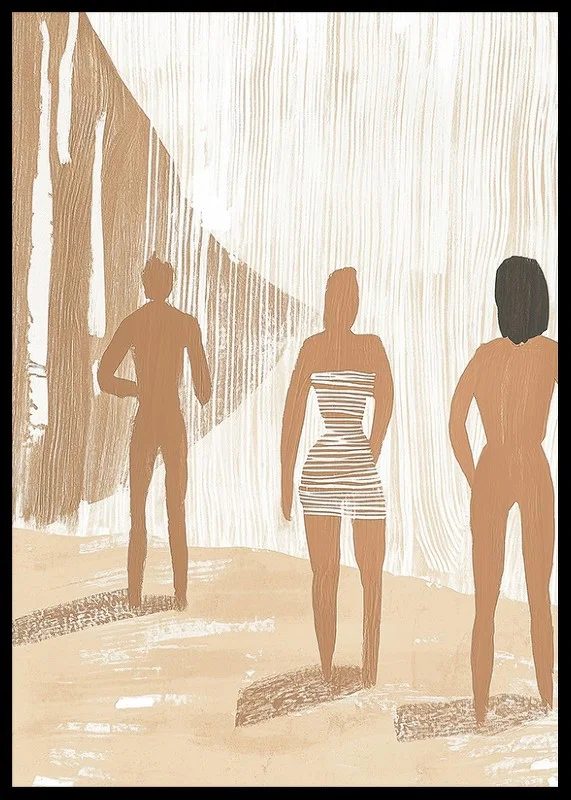 Three figures in harmonious earth tones create a calm and dreamy atmosphere-12