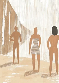 Three figures in harmonious earth tones create a calm and dreamy atmosphere-7
