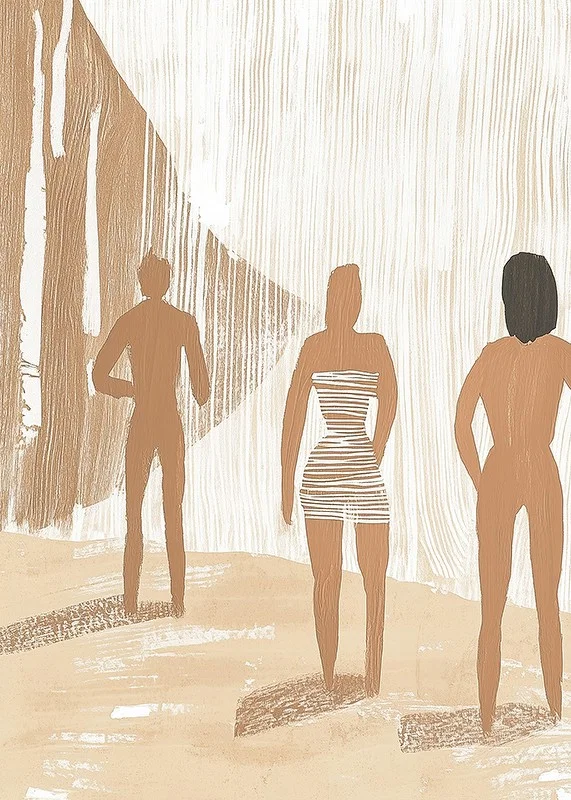 Three figures in harmonious earth tones create a calm and dreamy atmosphere-12