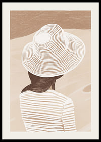 En stilren illustration av en kvinna med hatt mot en mjuk, sandfärgad bakgrund-2